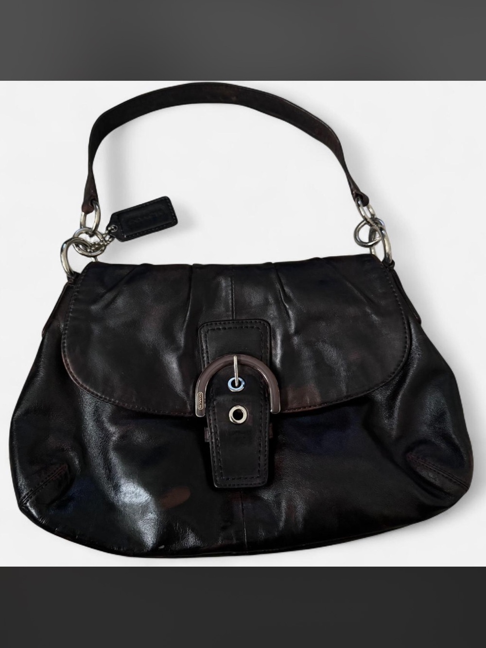 VINTAGE Coach Black Leather Shoulder Bag with Buckle Accent